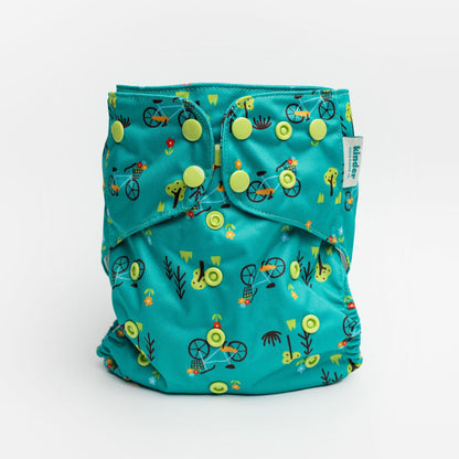 pocket diaper with bicycles bikes spring green and teal bike print kinder cloth diaper co. athletic wicking jersey awj