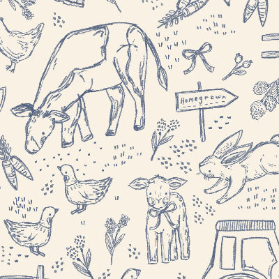 Pattern of farm animals, tractors, and rural elements on a light background