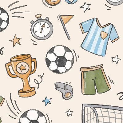 Pattern of soccer-themed illustrations including balls, goals, shirts, and flags on a beige background.