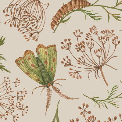 Pattern of butterflies and plants on a beige background