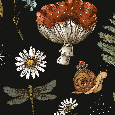 Nature-themed pattern with mushrooms, flowers, leaves, and insects on a dark background