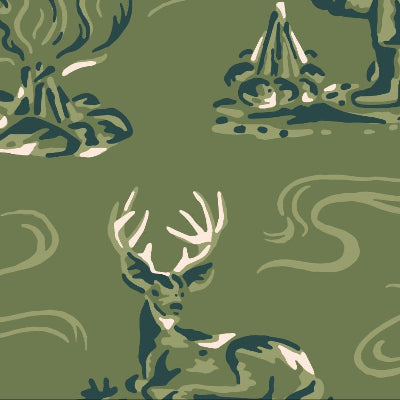 Camping-themed pattern with tent, backpack, campfire, and deer on a green background