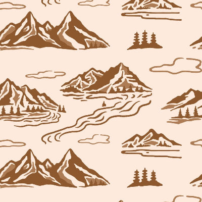 Pattern of mountain landscapes with trees and clouds on a beige background