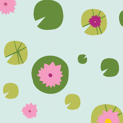 Pattern of pink flowers and green leaves on a light blue background