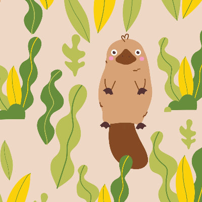 Pattern of cartoon birds and leaves on a beige background