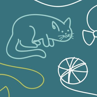 Pattern of cats, yarn, and bows on a teal background