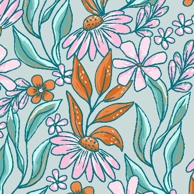 Colorful floral pattern with pink, orange, and green flowers on a light blue background