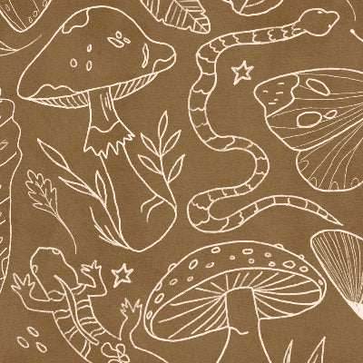 Pattern of line art illustrations on a brown background