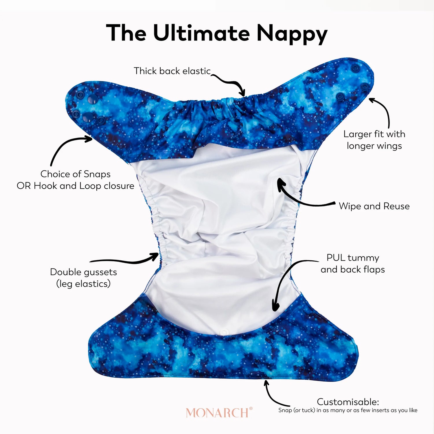 Monarch, Ultimate Wipeable Nappy, All in Two, Cover Style Diaper (8-40lbs)