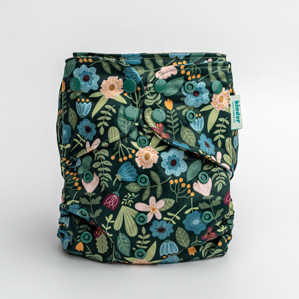 Floral: Essentials Pocket Cloth Diaper with Athletic Wicking Jersey, Grows with your Baby - Kinder Cloth Diaper Co. - 30 - 03 - 02 - modern reusable cloth diapers and more for birth to potty training - Pittsburgh Based Small Business