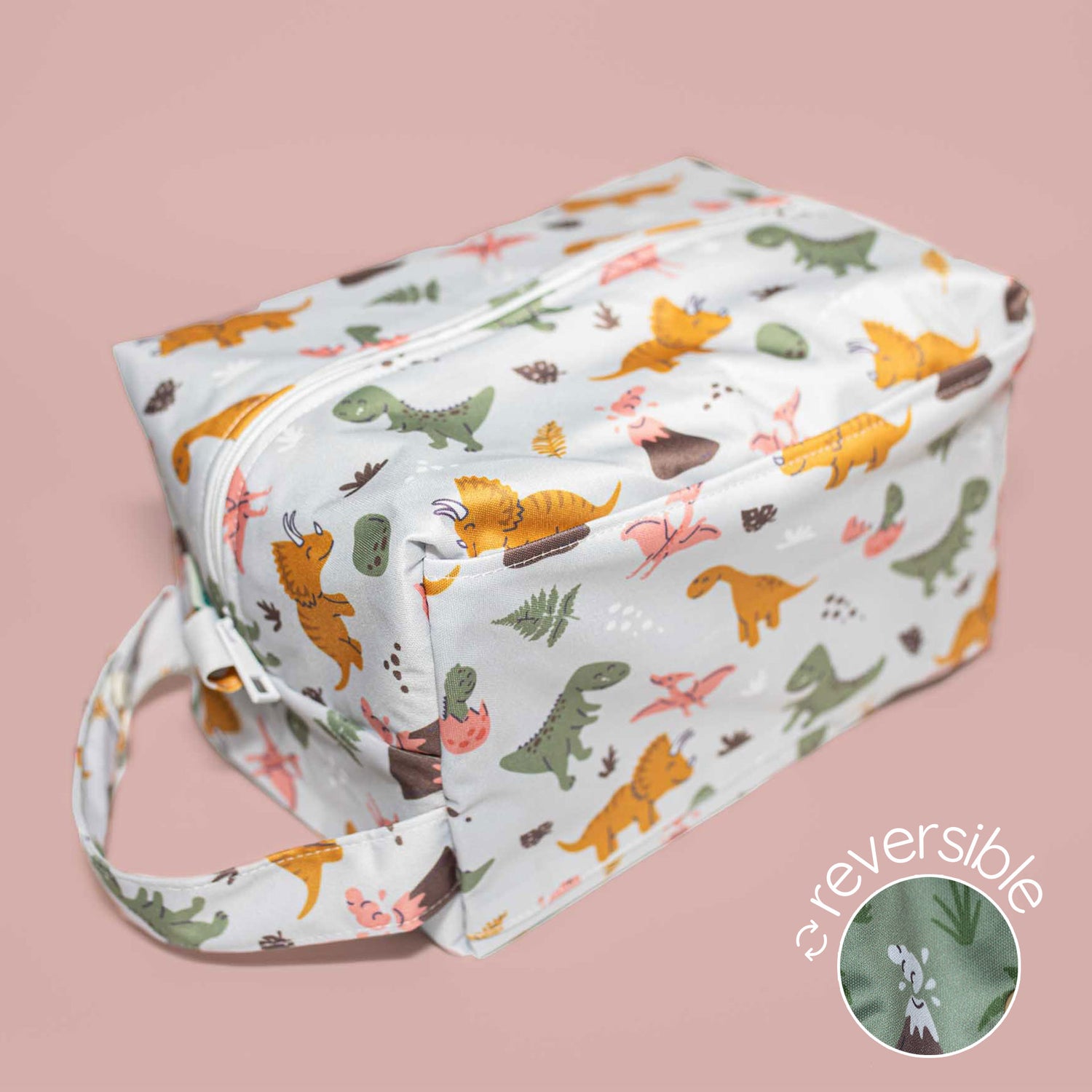 water resistant storage cube mini small storage pod zipper cube for travel pul cloth diaper pod travel bag dinosaur reversible playful kid mom dad travel on the go