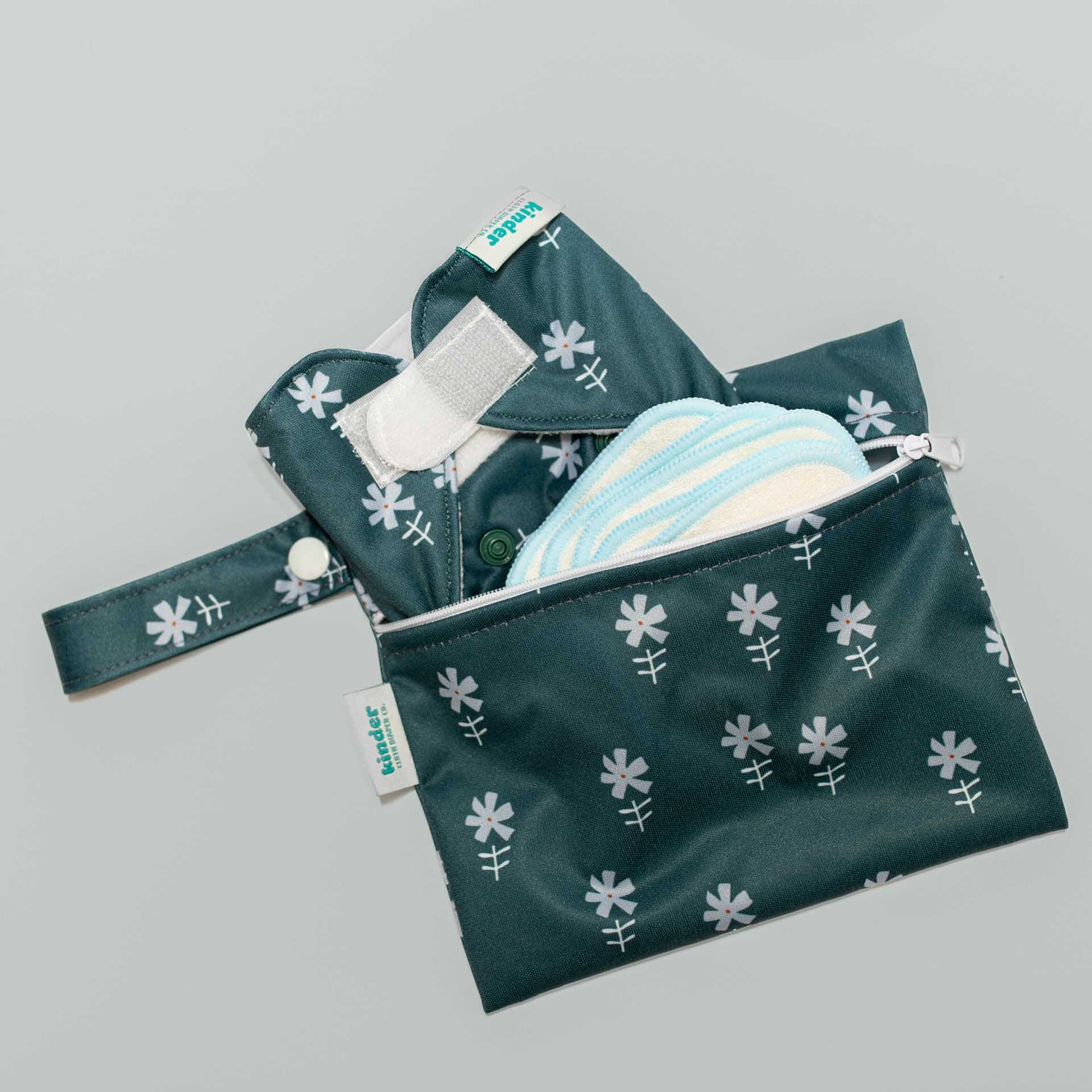 reusable machine washable play doll diapers toy velcro play diapers for pretend play tiny blue flowers neutral beige mom