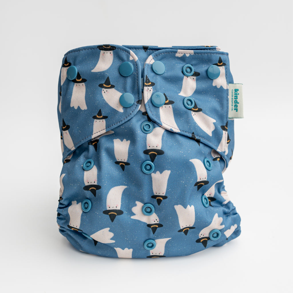 halloween bats with hats pocket diaper with black snaps by kinder cloth diaper co, one size fits most
